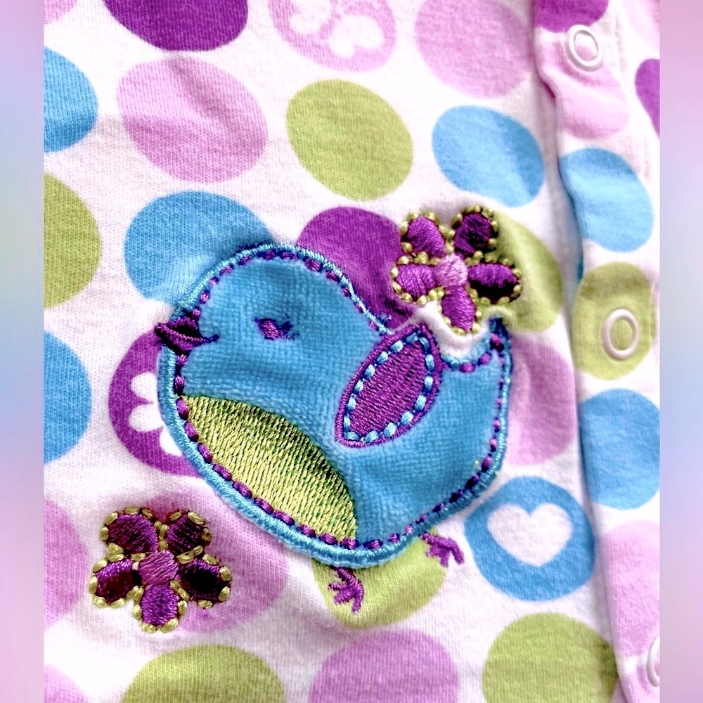 4/$20💥Birds Embroidery Footie Sleeper Playsuit Pajamas, White Purple Teal Dots
